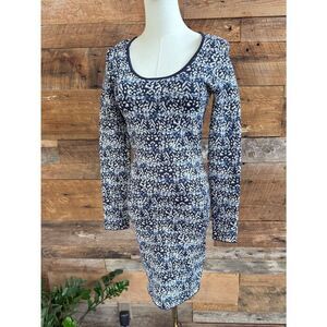 BCBGMaxAzria Sheena Carbon Combo Blue Abstract Print Long Sleeve Mini Bodycon